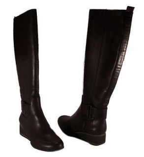 DKNY Womens Ringside Washed Black Leather Knee High Wedge Fashion 