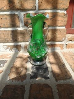 Vintage Green Art Glass Bud Vase with applied flowers & Handles