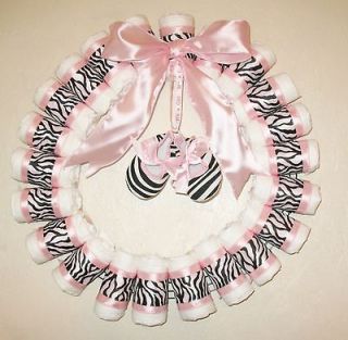 Pink and Zebra diaper wreath with zebra shoes