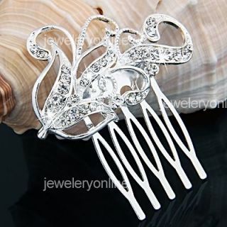 Silver Plated Rhinestone Crystal Leaf Bride Wedding Hair Comb Pin