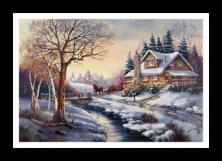   AT TWILIGHT Snow Landscape Cabin art FRAMED PRINT   Carl Valente