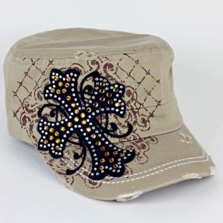 HOT Khaki Color Cross Distressed Rhinestone Vintage Cadet Cap Hat