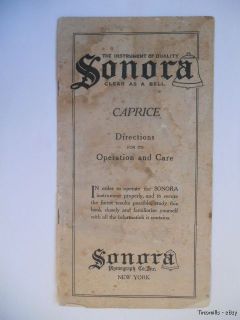 Vintage Sonora Caprice Phonograph Instruction Manual 1920s Original