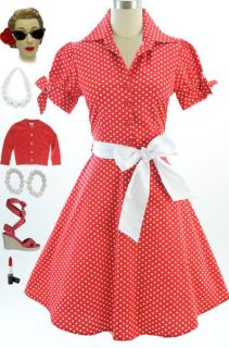 50s Style RED POLKA DOT Tie Sleeve Full Skirt Rockabilly PINUP Dress 