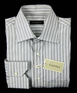 New CANALI Italy Gray Brown White Stripe Cotton Dress Shirt 15 38 S 