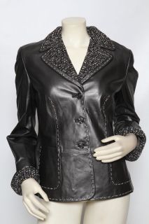 ESCADA Lambskin Leather Tweed Black & Gray Jacket Coat sz 40 US 10 NWT 