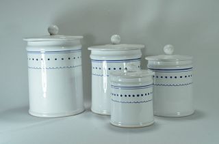   Italian BLUE WHITE POTTERY CANISTER SET 8 piece set numbered EXC