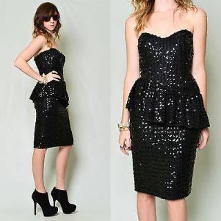 Vintage 80s black SEQUIN sweetheart Cocktail PEPLUM party GLAM deco 