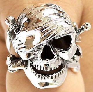 CARIBBEAN PIRATE SKULL STERLING 925 SILVER RING Sz 15