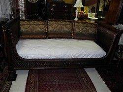 Antique West Indies Day Bed, Sofa, Wicker, Hand Crafted, Mahogany, Paw 
