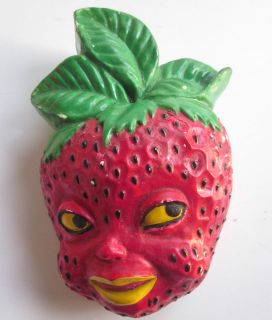 Vtg String Holder Anthropomorphic Chalk Ware Red Strawberry Face Head 