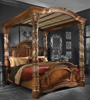 Chestnut Rococo King Canopy Bed