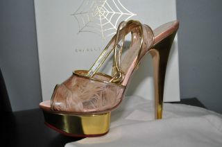 Charlotte Olympia Platform Gold Feather Shoes High Heels sz 39 9 NWT 