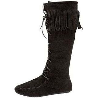 CHEROKEE INDIAN FRINGE SUEDE ROUND TOE LACE UP MID CALF FLAT BOOT