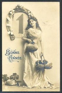 JX102 New Year EDWARDIAN LADY MUSHROOMS CLOVER Tinted PHOTO pc A 