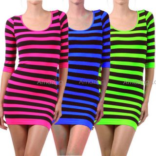 SEAMLESS NEON PINK Stripe DRESS Pretty Womens Mini Stretch Fitted Club 