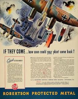 1942 Ad Robertson Shock Absorbing Metal Roofing WWII Aerial Bombing 