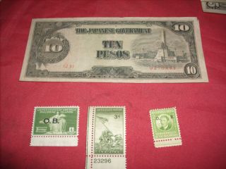 WWII JAPANESE MONEY 3 CENT IWO JIMA & PHILIPPINE STAMPS
