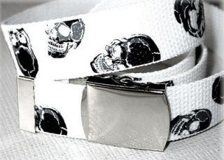 Canvas WHITE Military WEB Style Belt Silver Metal Buckle SKULL 45 x 1 