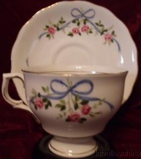 Colclough Teacup and Saucer Blue Ribbon and Bowl Pink Roses