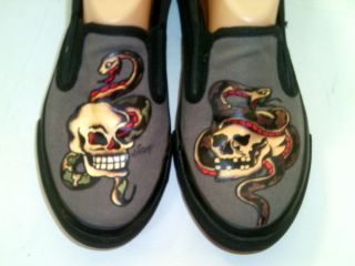 Converse Sailor Jerry Gray Black Skull and Snake Print Slip On Shoes 