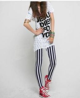   And White Horizontal And Vertical Stripes Leggings Pantyhose Trousers