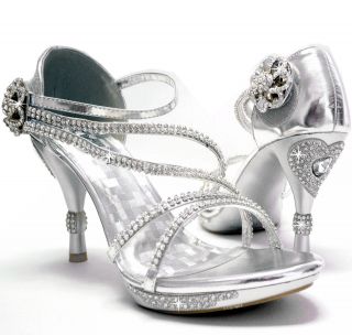 New womens shoes stilettos rhinestones velcro wedding prom silver