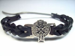 Silver Black Leather Celtic Cross Bracelet Wristband Cuff Irish Made c
