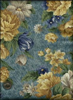   Floral Print cream taupe gold med blue on lt blue Fabric by Cranston
