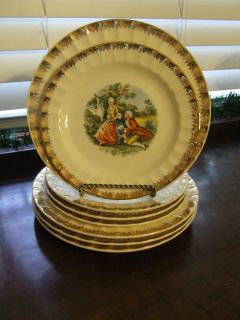 CRONIN CHINA COLONIAL COURTING COUPLE GOLD TRIM BREAD SALAD PLATES LOT 