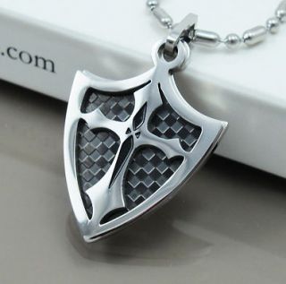   Silver & Black Dog Tags Shield Cross Mens Pendants Chain Necklace