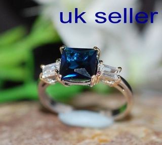 3ct emerald cut creat sapphire diamond 2tone 3stones ring N 7