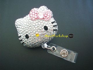 Crystal Pink Bow Hello Kitty Retractable Alligator Clip ID Badge 