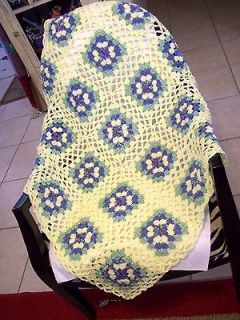 Crochet Granny Square Afghan in yellow, blues and sage