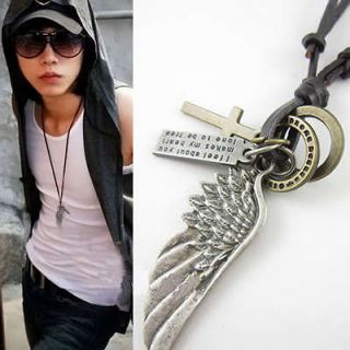   Bird Feather Eagle Wing Cross DOG TAG Leather Chain Necklace Pendant