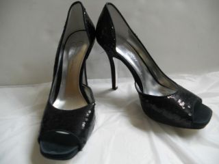 JESSICA SIMPSON Josette Black Sequins Open Toe Pump Heel Shoes  Size 7 