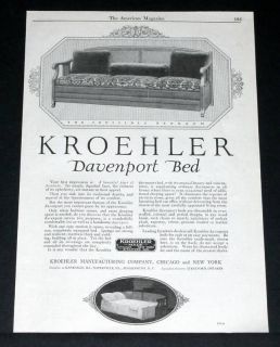 1923 OLD MAGAZINE PRINT AD, KROEHLER DAVENPORT, INVISIBLE BED