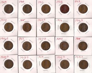 ALMOST COMPLETE SET OF 1909 1919 P D S LINCOLN WHEATS CENTS~DATES 