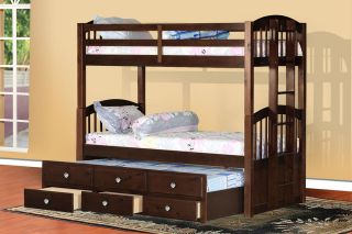 Espresso Finish Wood Twin Size Bunk Bed (Bunkbed) With Trundle 