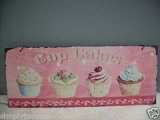 Shabby Vintage Chic Style Sign Pink Cup Cakes Tin/Metal wall Plaque