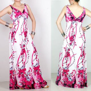 BOHO Deep V Neck Women Summer Evening Paty Long Maxi Dress 4D53 Pink 