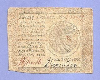 Newly listed 1778 $20 Continental Currency Colonial History Very Fine 
