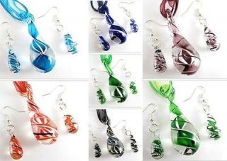  Sprial Lampwork Art Murano Glass Dewdrop Pendant Necklace Earrings set