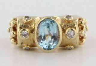   14k Yellow Gold Blue Topaz Diamond Cocktail Ring Fine Estate Jewelry