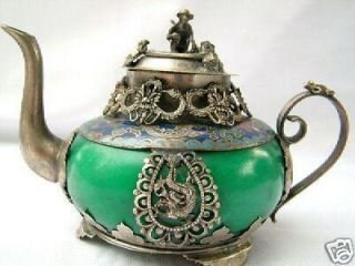 china tibet silver green jade carve dragon monkey teapot