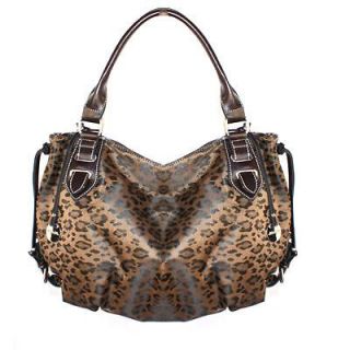 Leopard Animal Print Dark Brown Round Hobo Shoulder Bag Double Rolled 