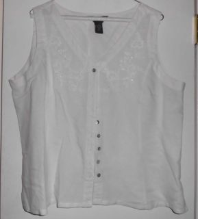Van Heusen Off White Beaded Sequined Linen Top Shirt Floral Accents 