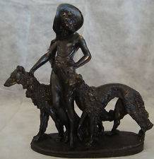 BRONZED FIGURINE GIRL WITH HAT WITH TWO DOGS  DEERHOUNDS? BLACK W 