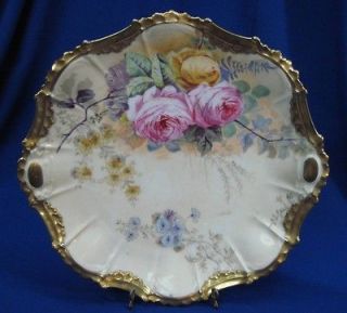 HANDPAINTED LIMOGES ARTIST SIGNED ROSES WITH HEAVY GOLD CHARGER 