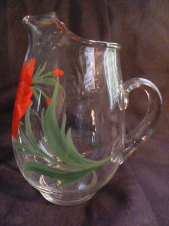 Antique Glass Pitcher W/ Painted Flower